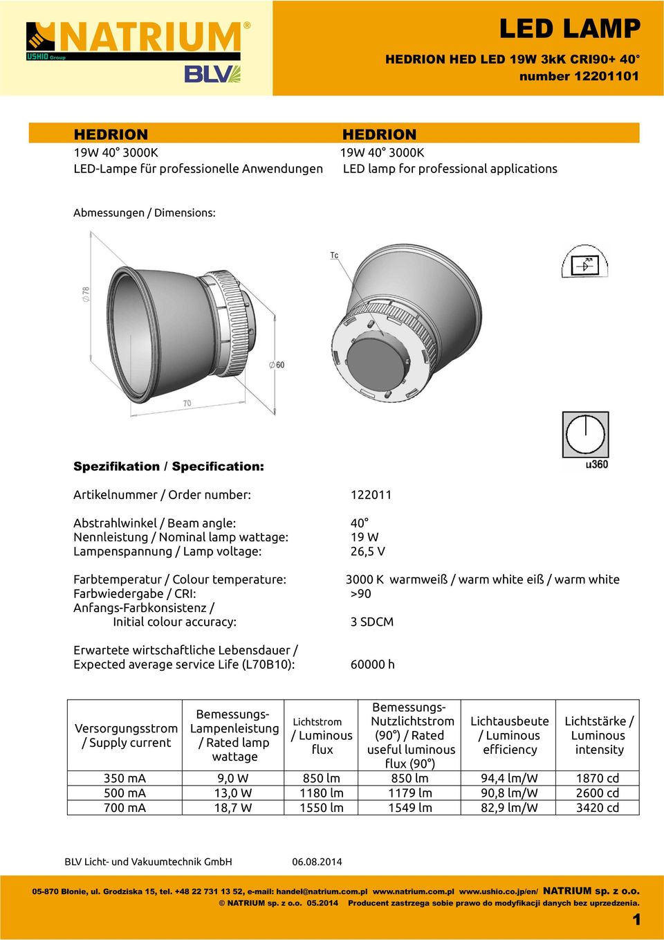 SDCM Erwartete wirtschaftliche Lebensdauer / Expected average service Life (L70B10): 60000 h Versorgungsstrom / Supply current Bemessungs- Lampenleistung / Rated lamp wattage Lichtstrom / Luminous ux