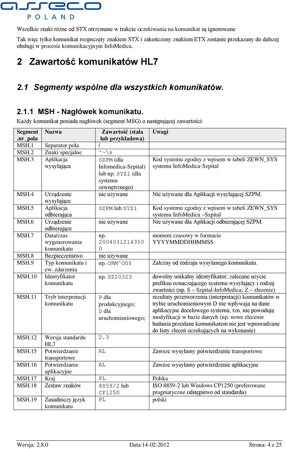 Każdy komunikat posiada nagłówek (segment MSG) o następującej zawartości: Segment Nazwa Zawartość (stała lub przykława) MSH.1 Separator pola MSH.2 Znaki specjalne ^~\& MSH.