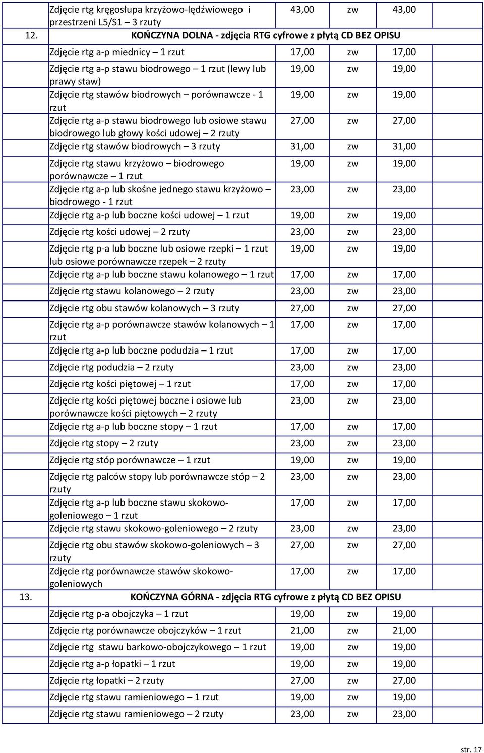 porównawcze - 1 1 1 rzut Zdjęcie rtg a-p stawu biodrowego lub osiowe stawu 2 2 biodrowego lub głowy kości udowej 2 rzuty Zdjęcie rtg stawów biodrowych 3 rzuty 31,00 31,00 Zdjęcie rtg stawu krzyżowo