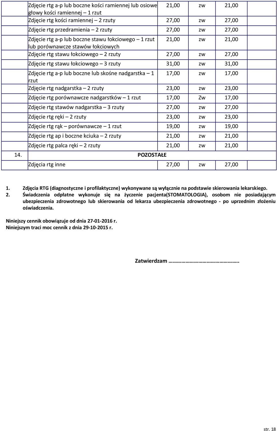 nadgarstka 1 1 1 rzut Zdjęcie rtg nadgarstka 2 rzuty 23,00 23,00 Zdjęcie rtg porównawcze nadgarstków 1 rzut 1 Zw 1 Zdjęcie rtg stawów nadgarstka 3 rzuty 2 2 Zdjęcie rtg ręki 2 rzuty 23,00 23,00