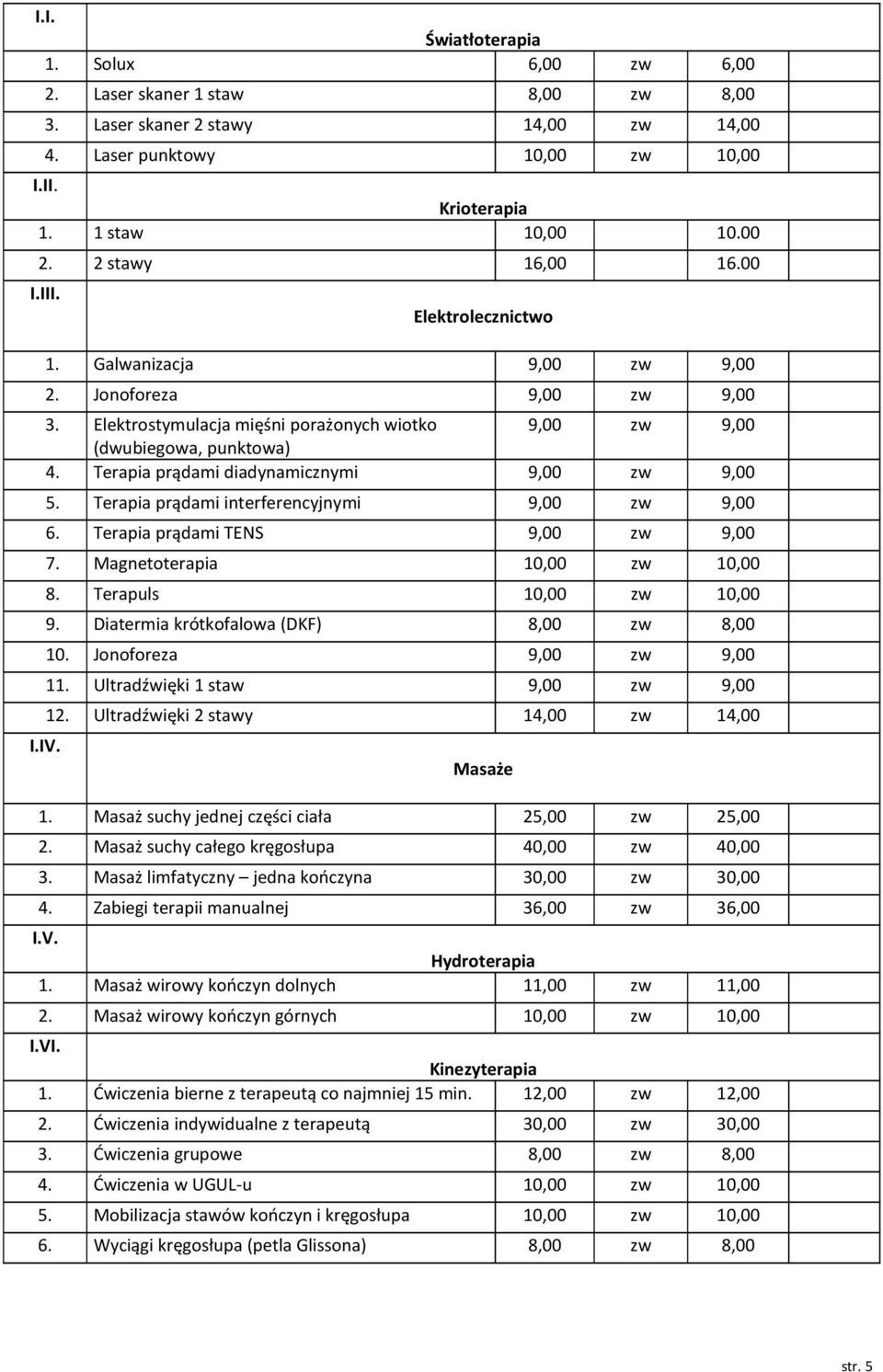 Terapia prądami TENS 7. Magnetoterapia 10,00 10,00 8. Terapuls 10,00 10,00 9. Diatermia krótkofalowa (DKF) 10. Jonoforeza 11. Ultradźwięki 1 staw 12. Ultradźwięki 2 stawy 14,00 14,00 Masaże 1.