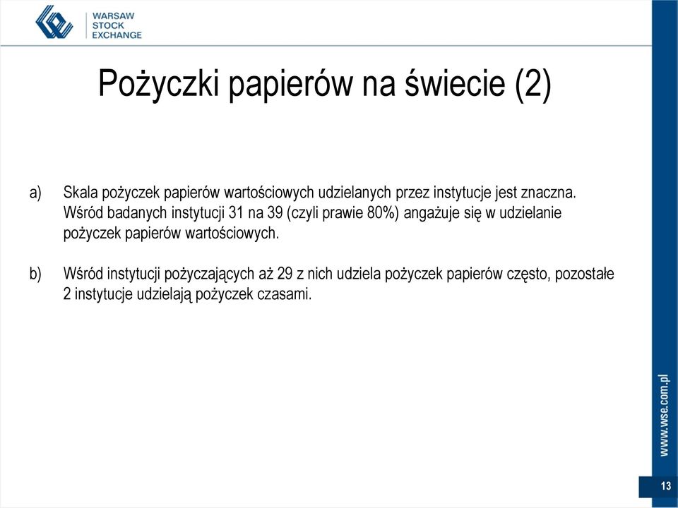 Wśród badanych instytucji 31 na 39 (czyli prawie 80%) angażuje się w udzielanie pożyczek