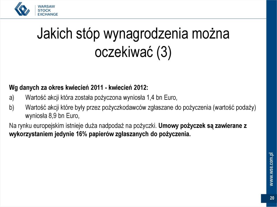 pożyczkodawców zgłaszane do pożyczenia (wartość podaży) wyniosła 8,9 bn Euro, Na rynku europejskim