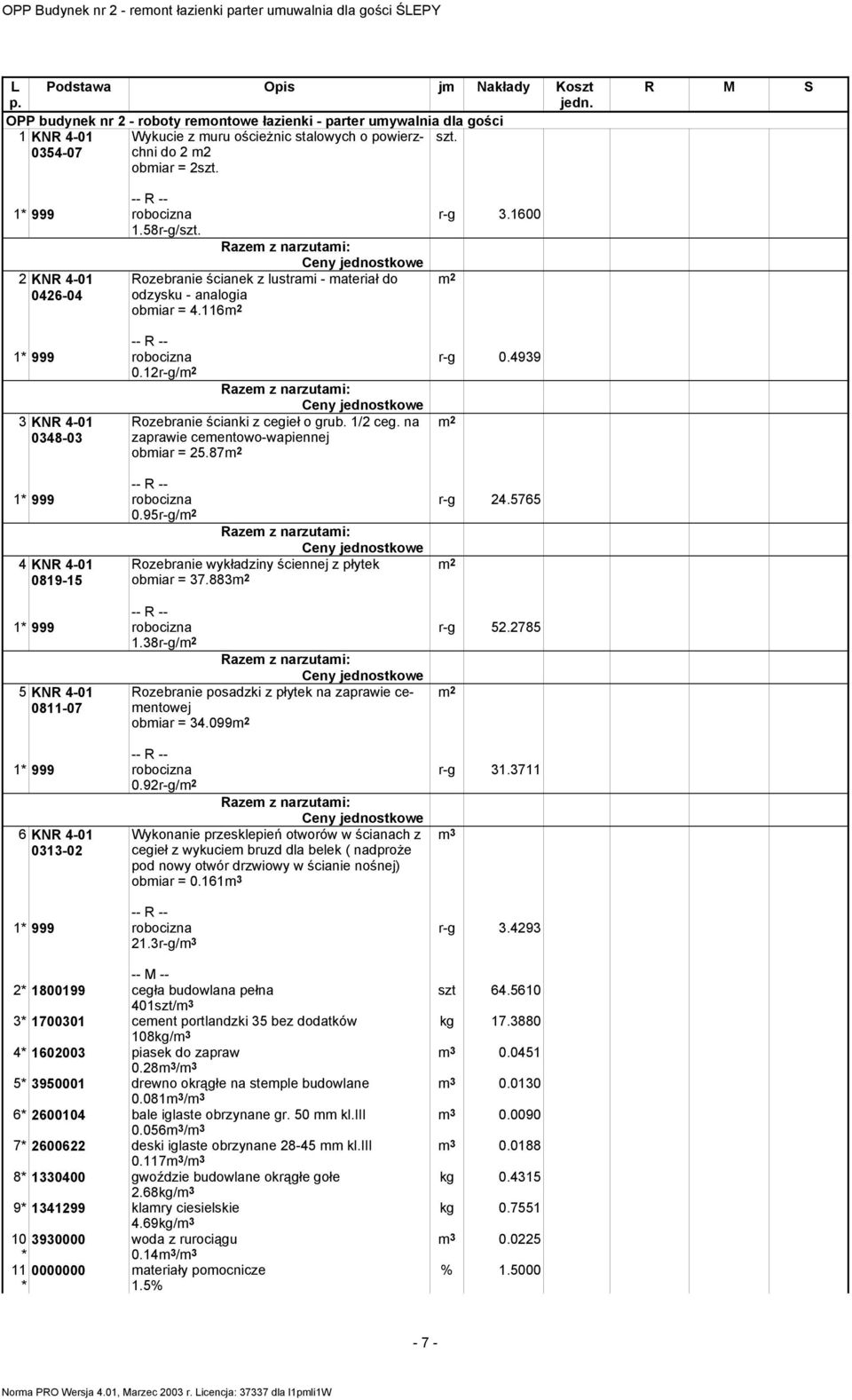 2 KNR 4-01 0426-04 Ceny jednostkowe Rozebranie ścianek z lustrami - materiał do odzysku - analogia obmiar = 4.116 r-g 3.1600 0.12r-g/ r-g 0.