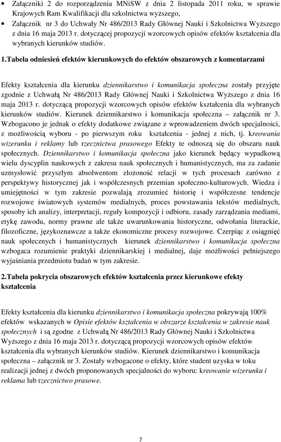 maja 2013 r. dotyczącej propozycji wzorcowych opisów efektów kształcenia dla wybranych kierunków studiów. 1.