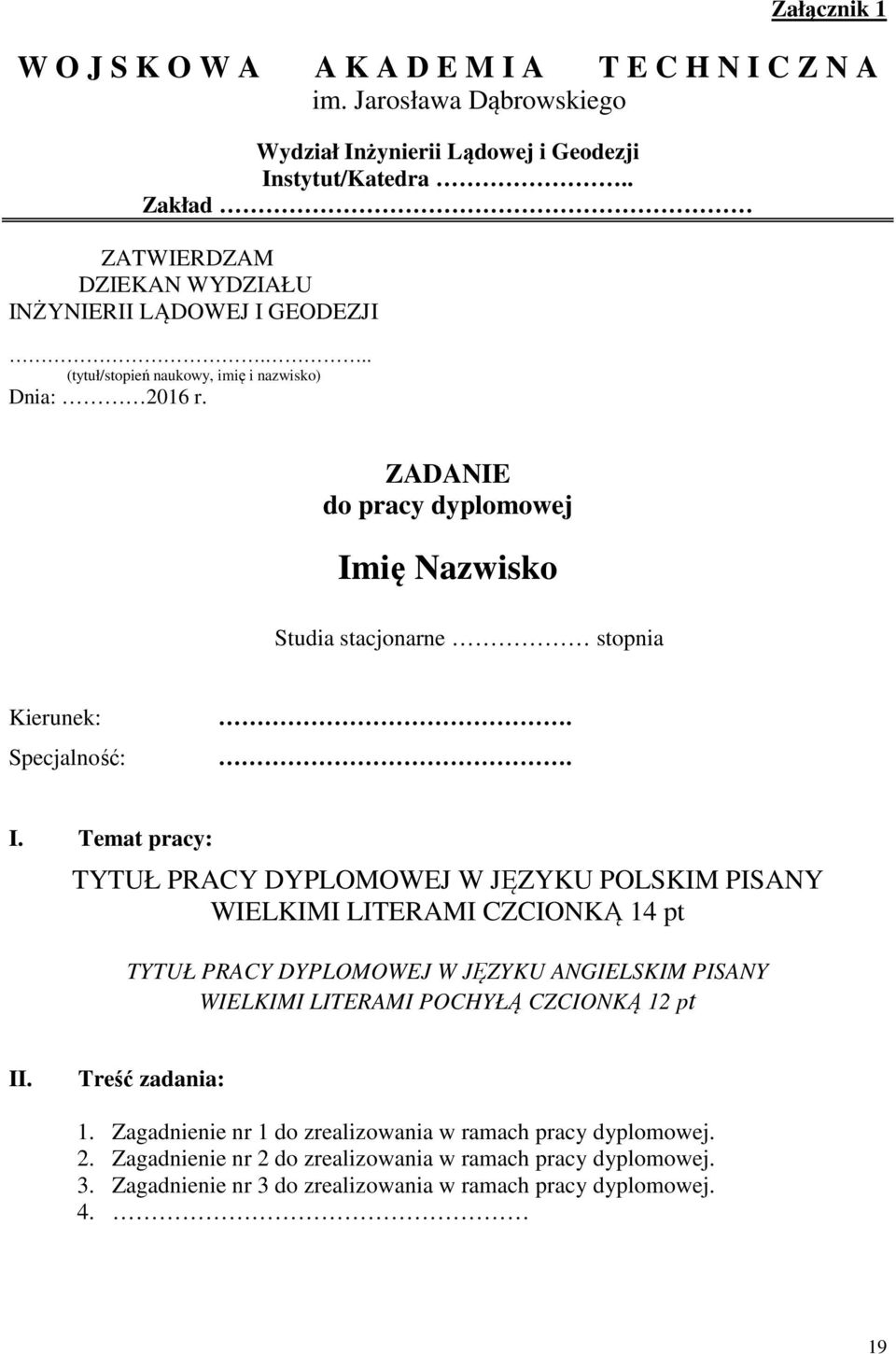 ZADANIE do pracy dyplomowej Im