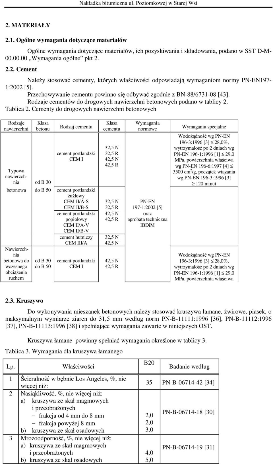 Cementy do drogowych nawierzchni betonowych Rodzaje nawierzchni Klasa betonu Typowa nawierzchnia od B 30 Rodzaj cementu cement portlandzki CEM I betonowa do B 50 cement portlandzki ŜuŜlowy CEM II/A-S