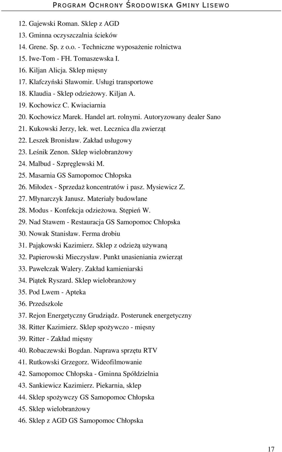 Kukowski Jerzy, lek. wet. Lecznica dla zwierząt 22. Leszek Bronisław. Zakład usługowy 23. Leśnik Zenon. Sklep wielobranżowy 24. Malbud - Szpręglewski M. 25. Masarnia GS Samopomoc Chłopska 26.