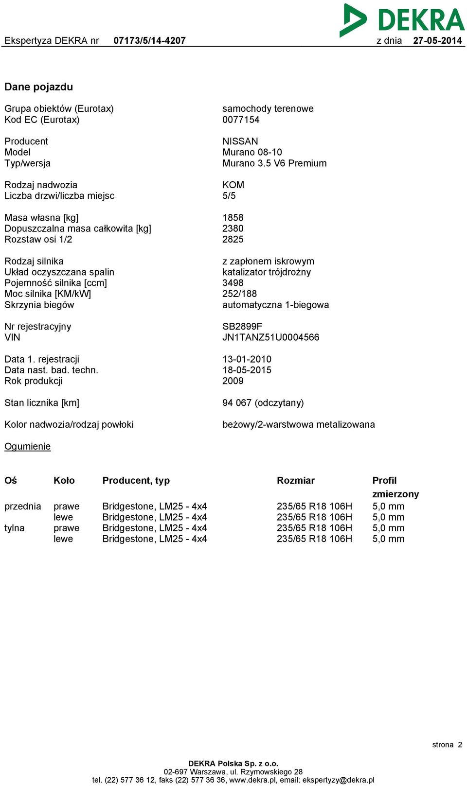 silnika [ccm] Moc silnika [KM/kW] Skrzynia biegów z zapłonem iskrowym katalizator trójdrożny 3498 252/188 automatyczna 1-biegowa Nr rejestracyjny VIN SB2899F JN1TANZ51U0004566 Data 1.