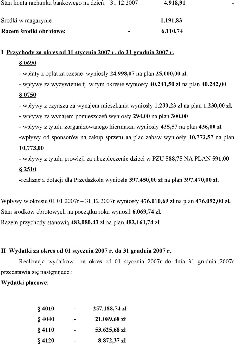 242,00 0750 - wpływy z czynszu za wynajem mieszkania wyniosły 1.230,23 zł na plan 1.230,00 zł.