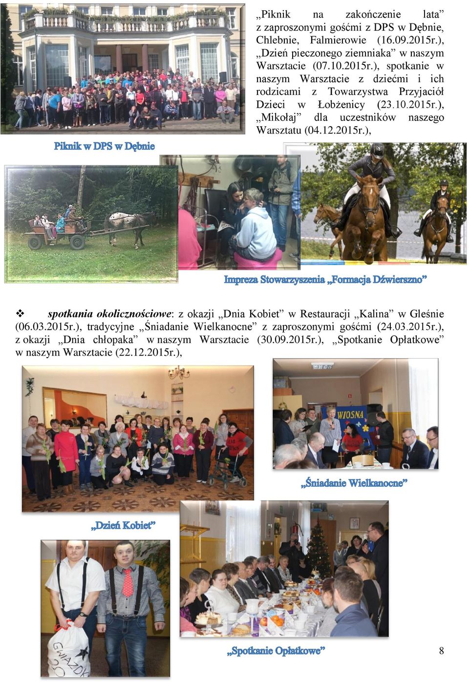 12.2015r.), spotkania okolicznościowe: z okazji Dnia Kobiet w Restauracji Kalina w Gleśnie (06.03.2015r.), tradycyjne Śniadanie Wielkanocne z zaproszonymi gośćmi (24.