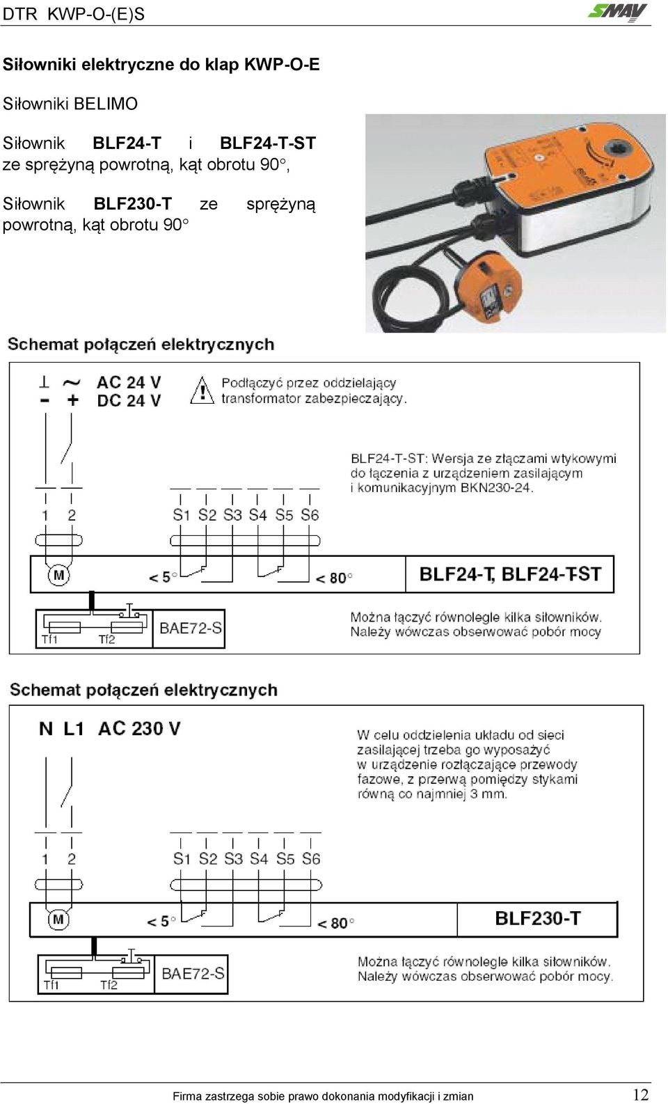 obrotu 90, Siłownik BLF230-T ze sprężyną powrotną, kąt