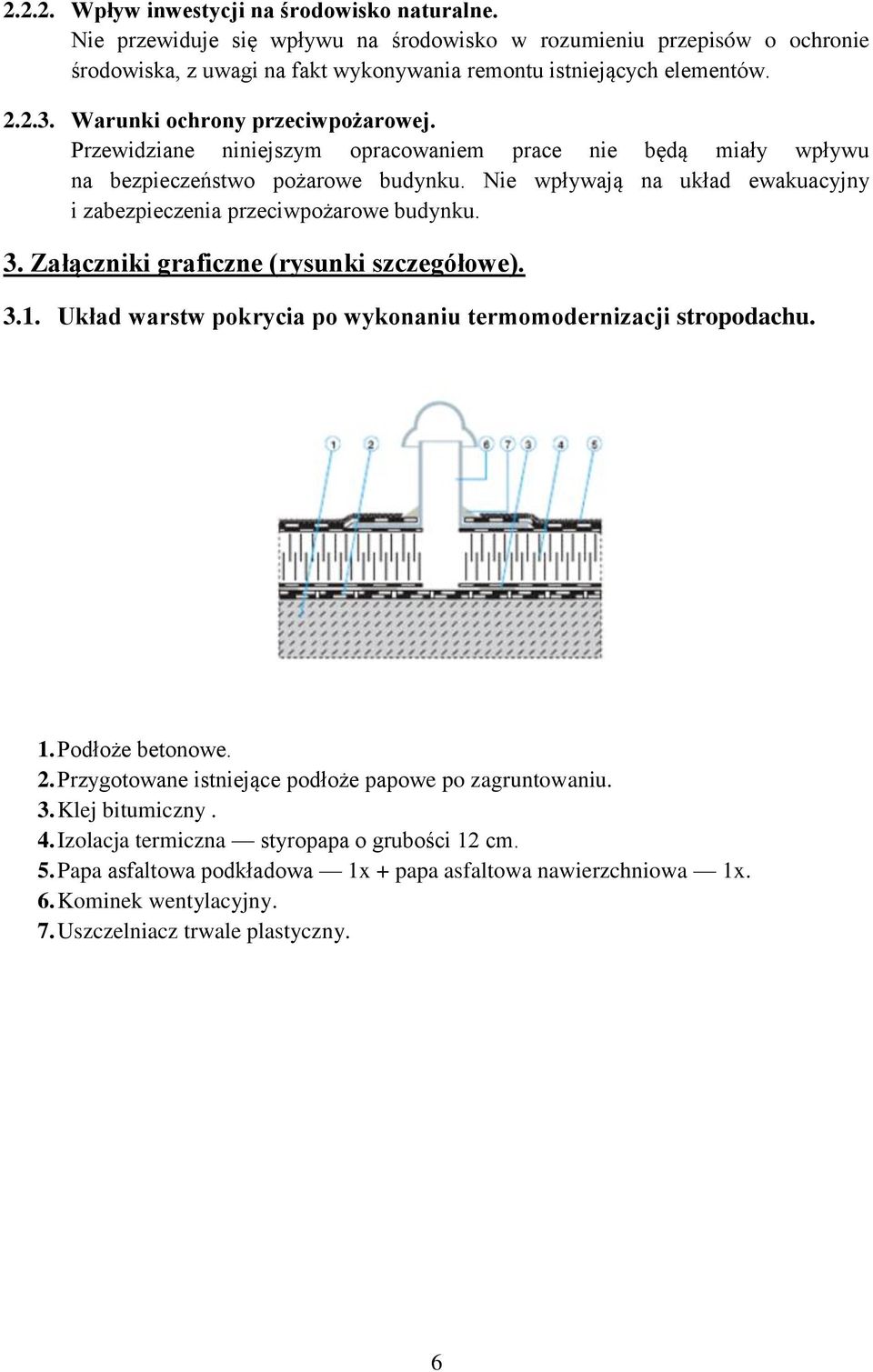 Nie wpływają na układ ewakuacyjny i zabezpieczenia przeciwpożarowe budynku. 3. Załączniki graficzne (rysunki szczegółowe). 3.1. Układ warstw pokrycia po wykonaniu termomodernizacji stropodachu. 1.