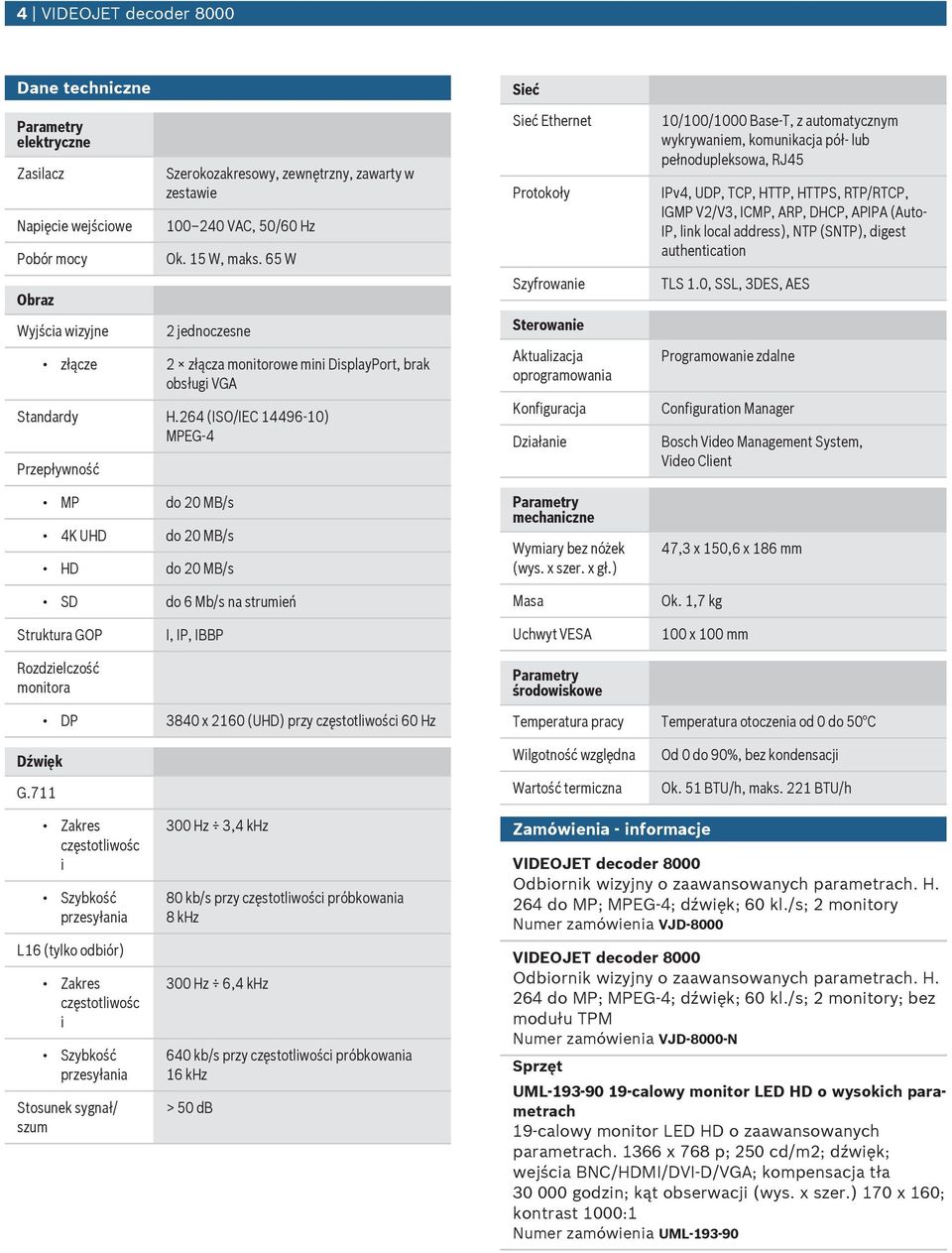 264 (ISO/IEC 14496-10) MPEG 4 Przepływność MP do 20 MB/s 4K UHD do 20 MB/s HD do 20 MB/s SD do 6 Mb/s na strmień Sieć Sieć Ethernet Protokoły Szyfrowanie Sterowanie Aktalizacja oprogramowania