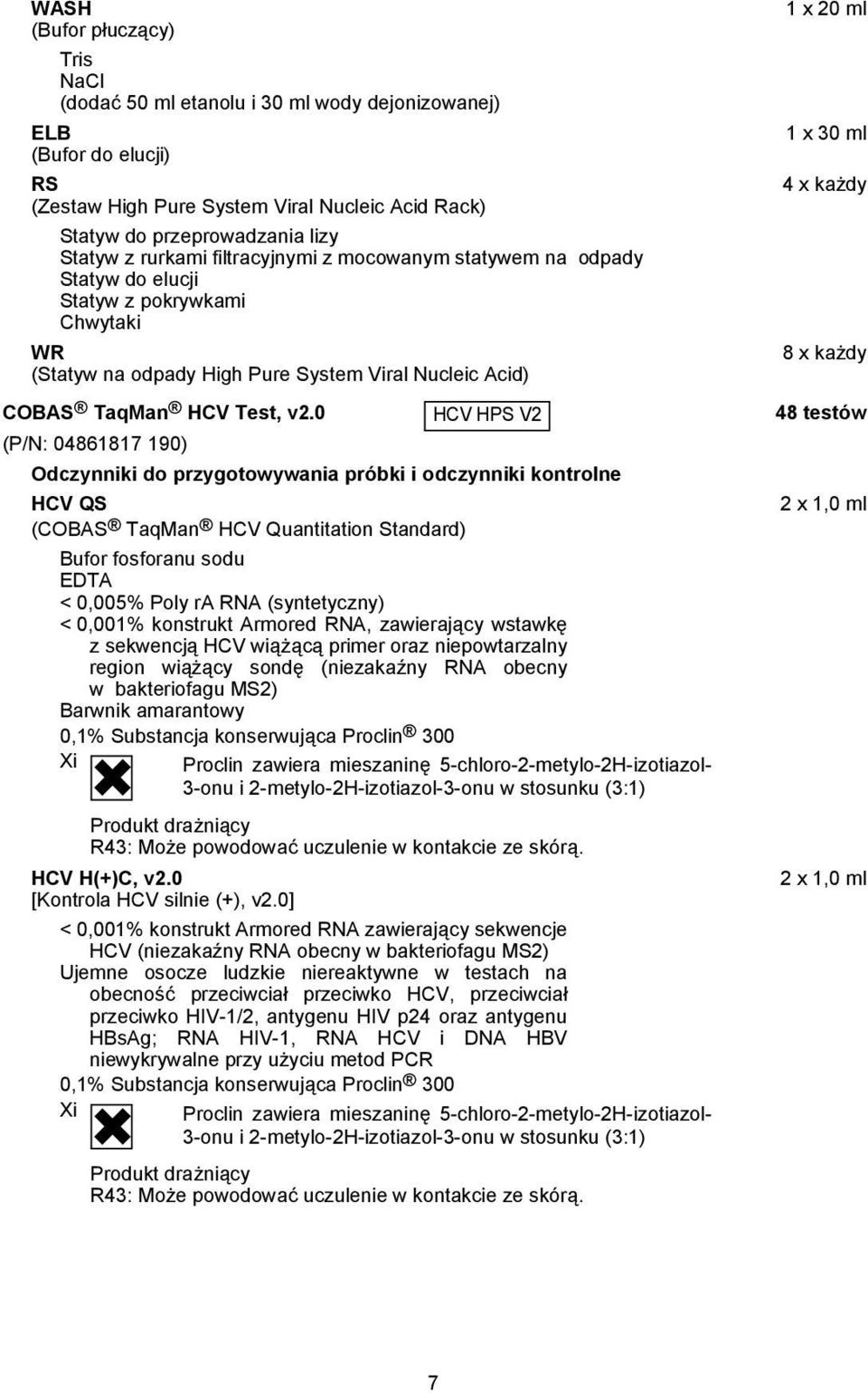 0 HCV HPS V2 (P/N: 04861817 190) Odczynniki do przygotowywania próbki i odczynniki kontrolne HCV QS (COBAS TaqMan HCV Quantitation Standard) Bufor fosforanu sodu EDTA < 0,005% Poly ra RNA