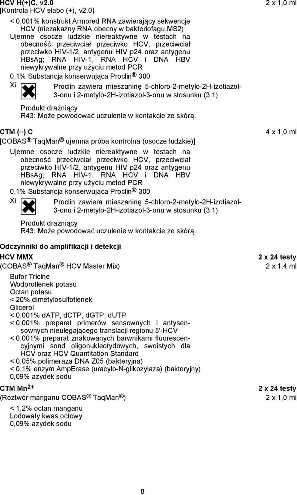 przeciwko HIV-1/2, antygenu HIV p24 oraz antygenu HBsAg; RNA HIV-1, RNA HCV i DNA HBV niewykrywalne przy użyciu metod PCR 0,1% Substancja konserwująca Proclin 300 Xi Proclin zawiera mieszaninę