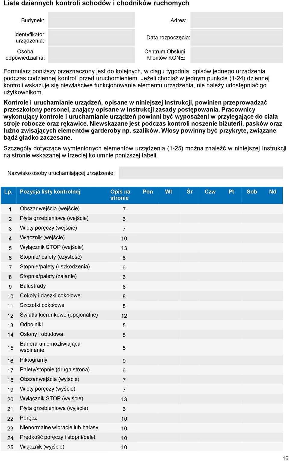 Jeżeli chociaż w jednym punkcie (1-24) dziennej kontroli wskazuje się niewłaściwe funkcjonowanie elementu urządzenia, nie należy udostępniać go użytkownikom.