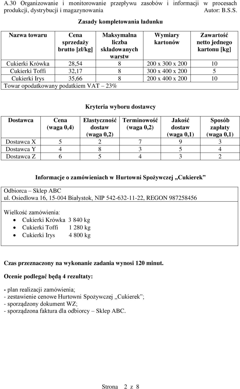 (waga 0,2) Terminowość (waga 0,2) Jakość dostaw (waga 0,1) Sposób zapłaty (waga 0,1) Dostawca X 5 2 7 9 3 Dostawca Y 4 8 3 5 4 Dostawca Z 6 5 4 3 2 Informacje o zamówieniach w Hurtowni Spożywczej