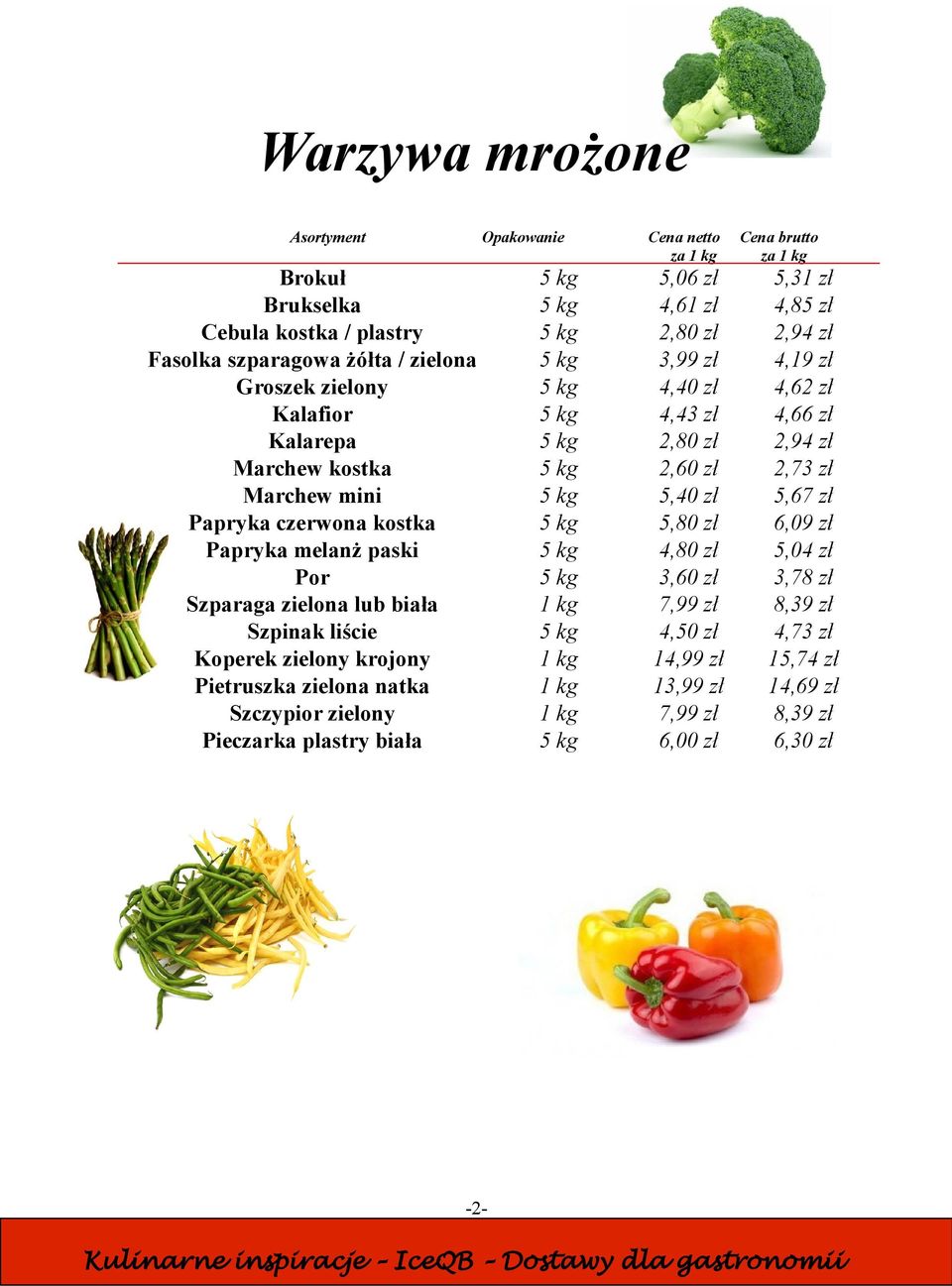 Papryka czerwona kostka 5 kg 5,80 zł 6,09 zł Papryka melanż paski 5 kg 4,80 zł 5,04 zł Por 5 kg 3,60 zł 3,78 zł Szparaga zielona lub biała 1 kg 7,99 zł 8,39 zł Szpinak ostrugana liście 5 kg