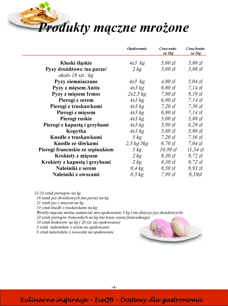 Pierogi ruskie 4x3 kg 5,60 zł 5,88 zł Pierogi z kapustą i grzybami 4x3 kg 5,99 zł 6,29 zł Kopytka 4x3 kg 5,60 zł 5,88 zł Knedle z truskawkami 5 kg 7,20 zł 7,56 zł Knedle ze śliwkami 2,5 kg/5kg 6,70