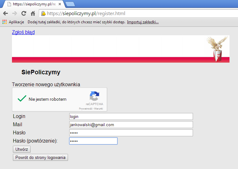 krok 5: krok 6: krok 7: krok 8: Podaj swój adres e-mail Nadaj hasło Powtórz hasło Kliknij guzik Utwórz Rysunek 3: Strona logowania i formularz rejestracyjny systemu RKW-IT Przesłanie wypełnionego