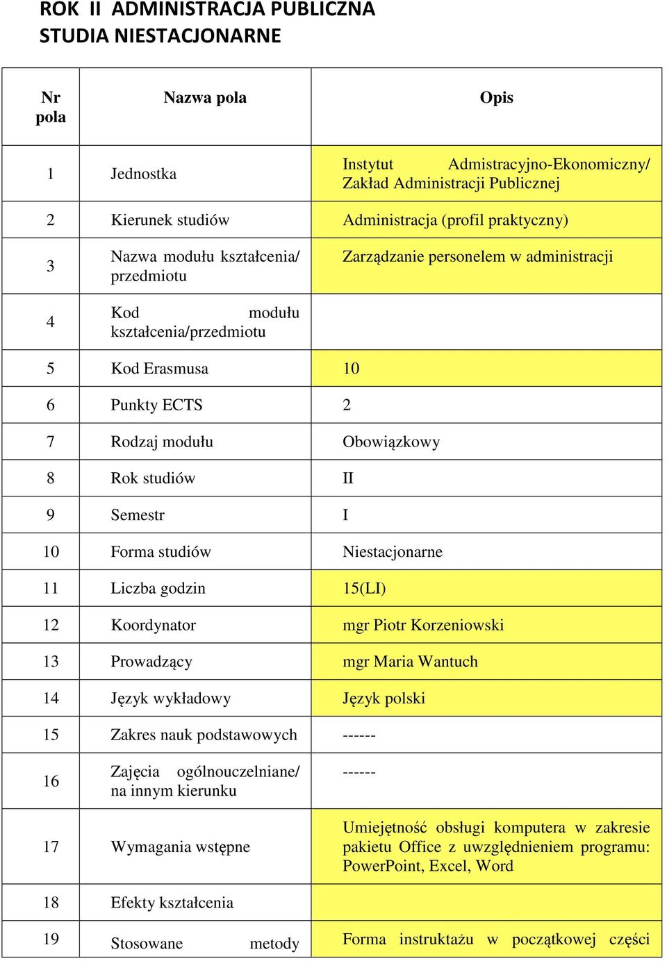 Forma studiów Niestacjonarne 11 Liczba godzin 15(LI) 12 Koordynator mgr Piotr Korzeniowski 13 Prowadzący mgr Maria Wantuch 14 Język wykładowy Język polski 15 Zakres nauk podstawowych ------ 16