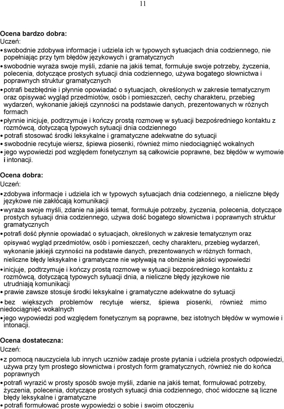 płynnie opowiadać o sytuacjach, określonych w zakresie tematycznym oraz opisywać wygląd przedmiotów, osób i pomieszczeń, cechy charakteru, przebieg wydarzeń, wykonanie jakiejś czynności na podstawie