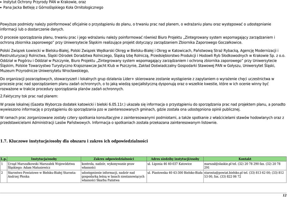 O procesie sporządzania planu, trwaniu prac i jego wdrażaniu należy poinformować również Biuro Projektu Zintegrowany system wspomagający zarządzaniem i ochroną zbiornika zaporowego przy Uniwersytecie