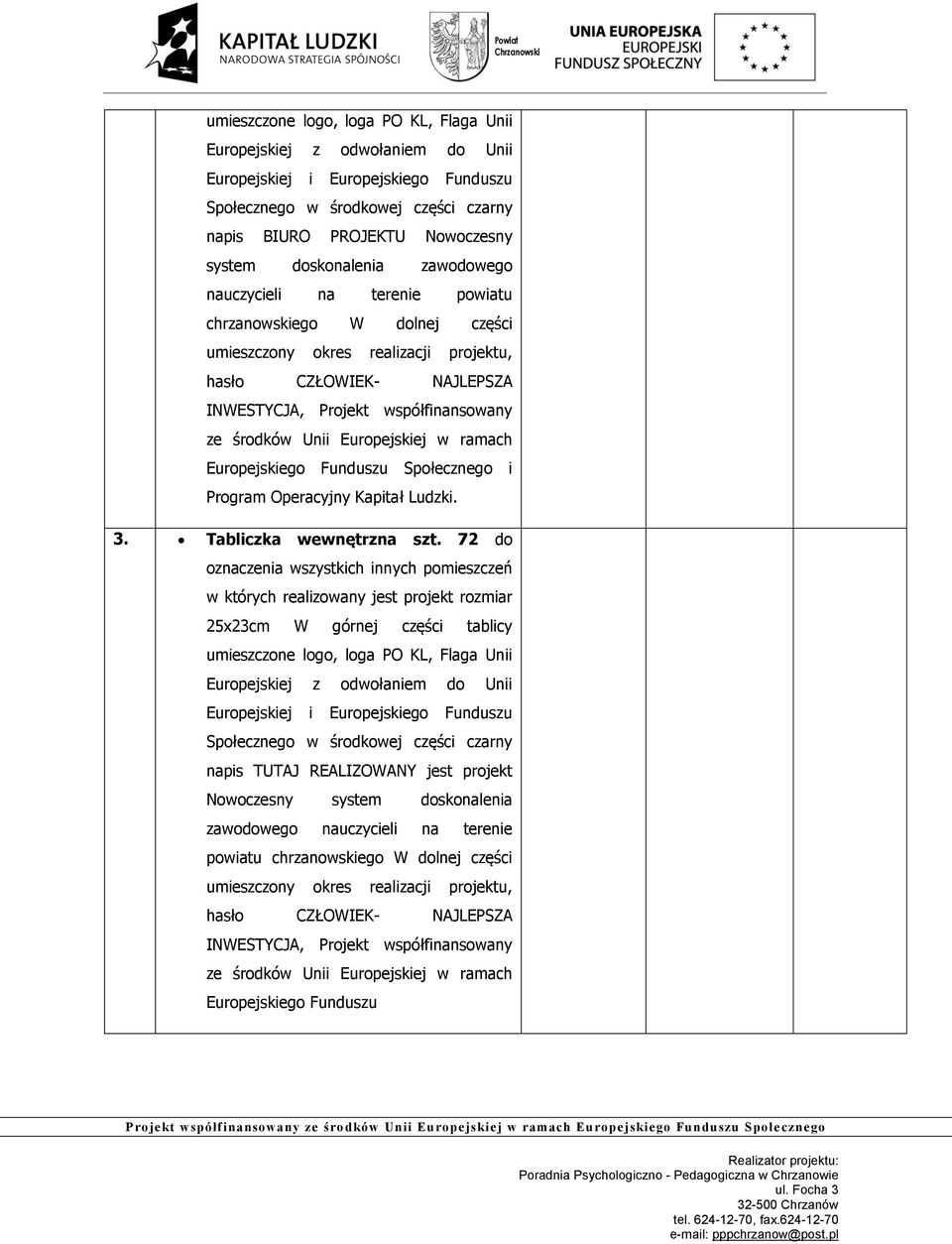Unii Europejskiej w ramach Europejskiego Funduszu Społecznego i Program Operacyjny Kapitał Ludzki. 3. Tabliczka wewnętrzna szt.
