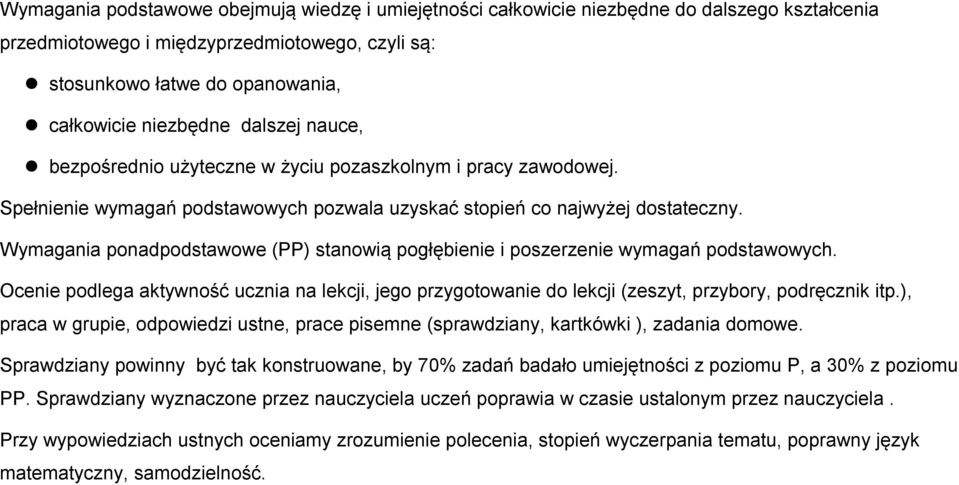 Wymagania ponadpodstawowe (PP) stanowią pogłębienie i poszerzenie wymagań podstawowych. Ocenie podlega aktywność ucznia na lekcji, jego przygotowanie do lekcji (zeszyt, przybory, podręcznik itp.