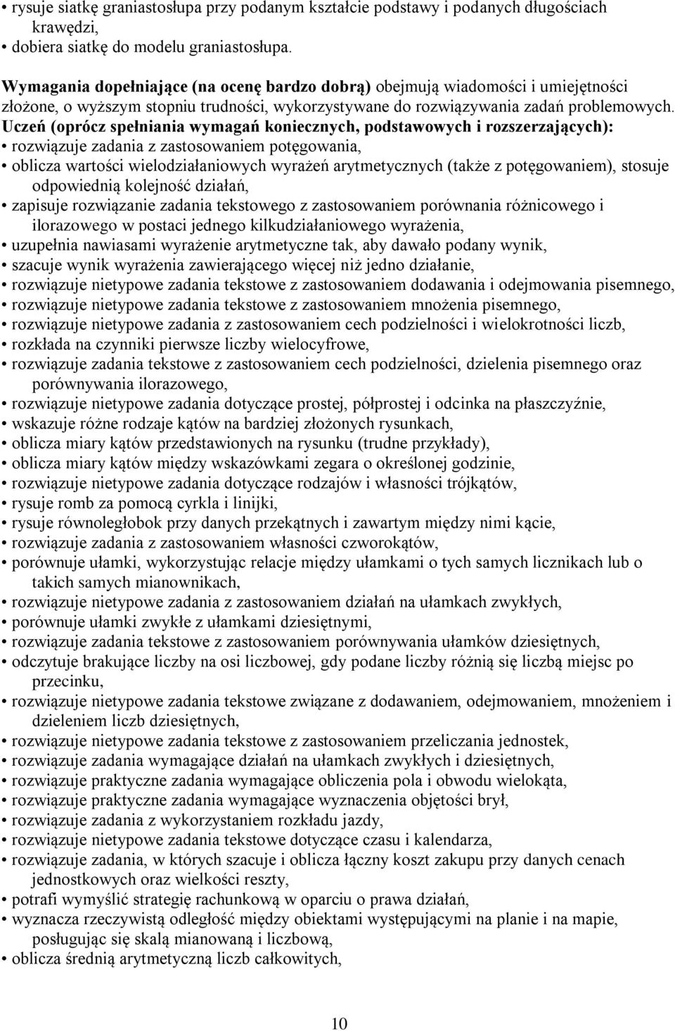 Uczeń (oprócz spełniania wymagań koniecznych, podstawowych i rozszerzających): rozwiązuje zadania z zastosowaniem potęgowania, oblicza wartości wielodziałaniowych wyrażeń arytmetycznych (także z