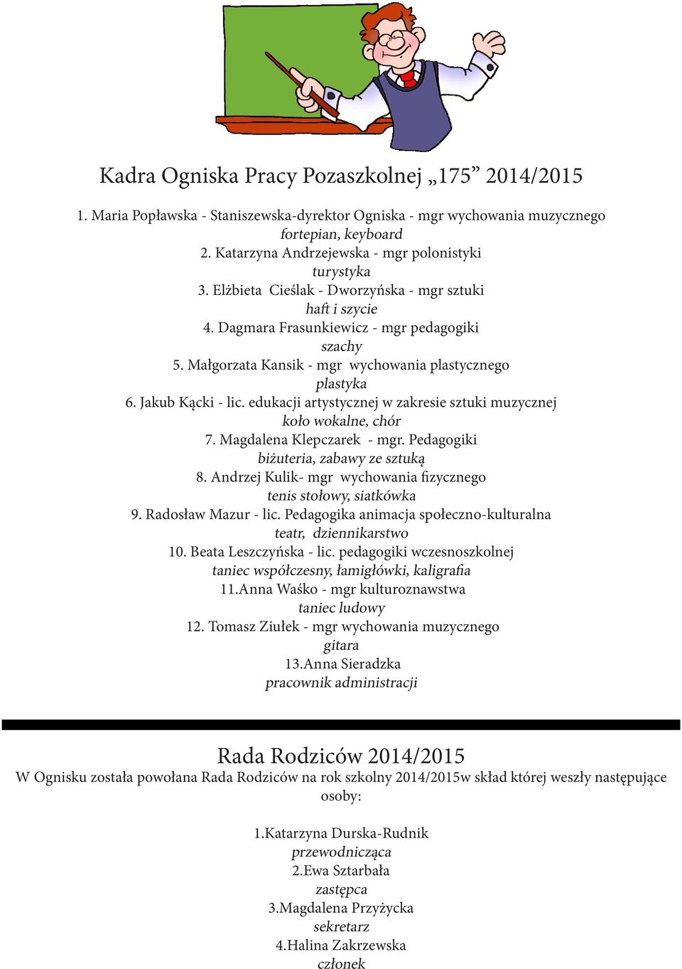 Małgorzata Kansik - mgr wychowania plastycznego plastyka 6. Jakub Kącki - lic. edukacji artystycznej w zakresie sztuki muzycznej koło wokalne, chór 7. Magdalena Klepczarek - mgr.