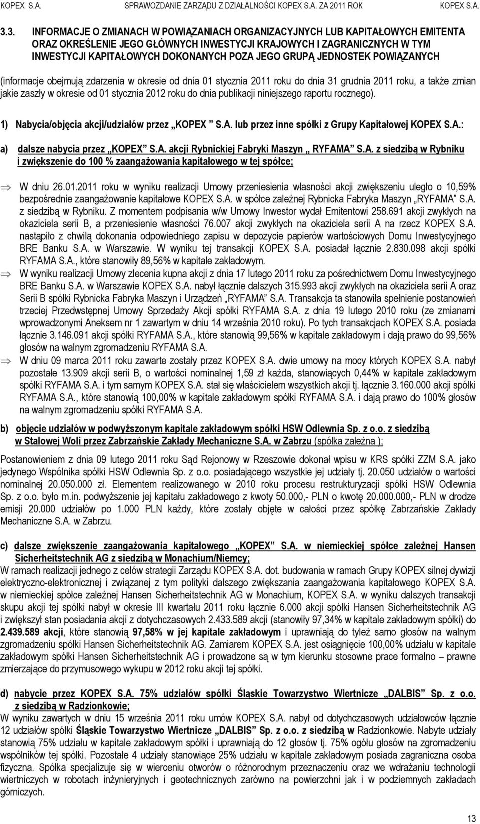 dnia publikacji niniejszego raportu rocznego). 1) Nabycia/objęcia akcji/udziałów przez KOPEX S.A. lub przez inne spółki z Grupy Kapitałowej KOPEX S.A.: a) dalsze nabycia przez KOPEX S.A. akcji Rybnickiej Fabryki Maszyn RYFAMA S.