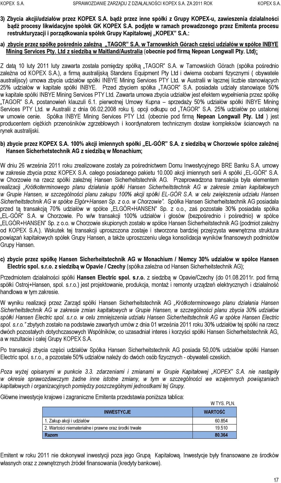 Ltd z siedzibą w Maitland/Australia (obecnie pod firmą Nepean Longwall Pty. Ltd); Z datą 10 luty 2011 luty zawarta została pomiędzy spółką TAGOR S.A. w Tarnowskich Górach (spółka pośrednio zależna od KOPEX S.