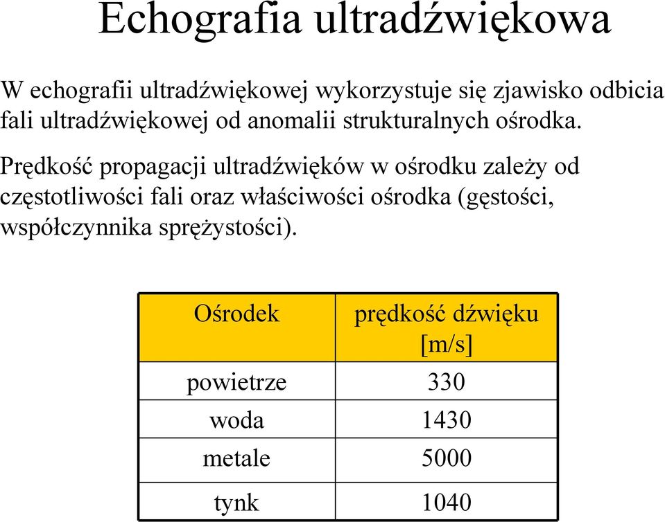 Prędkość propagacji ultradźwięków w ośrodku zaleŝy od częstotliwości fali oraz właściwości
