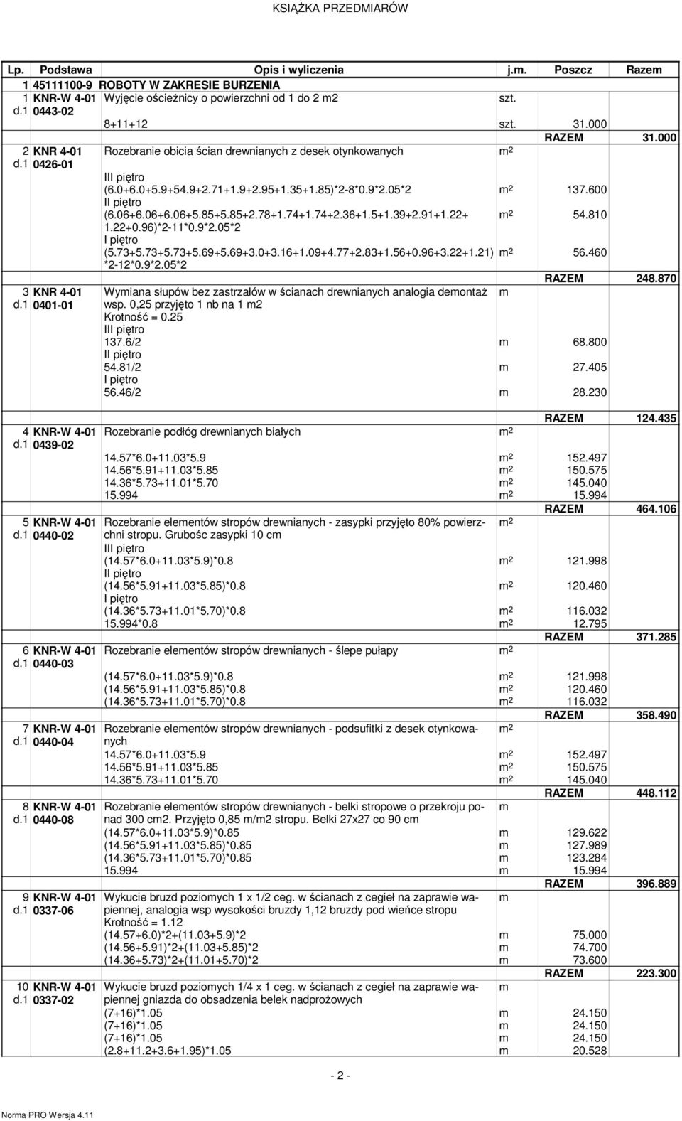 1 0337-02 Rozebranie obicia ścian drewnianych z desek otynkowanych 2 RAZEM 31.000 II (6.0+6.0+5.9+54.9+2.71+1.9+2.95+1.35+1.85)*2-8*0.9*2.05*2 2 137.600 I (6.06+6.06+6.06+5.85+5.85+2.78+1.74+1.74+2.
