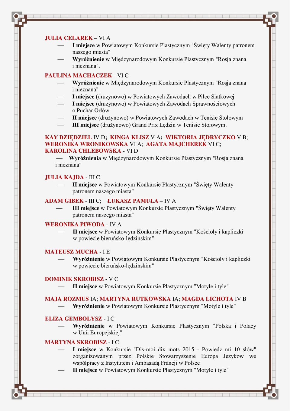 Powiatowych Zawodach Sprawnościowych o Puchar Orłów II miejsce (drużynowo) w Powiatowych Zawodach w Tenisie Stołowym III miejsce (drużynowo) Grand Prix Lędzin w Tenisie Stołowym.