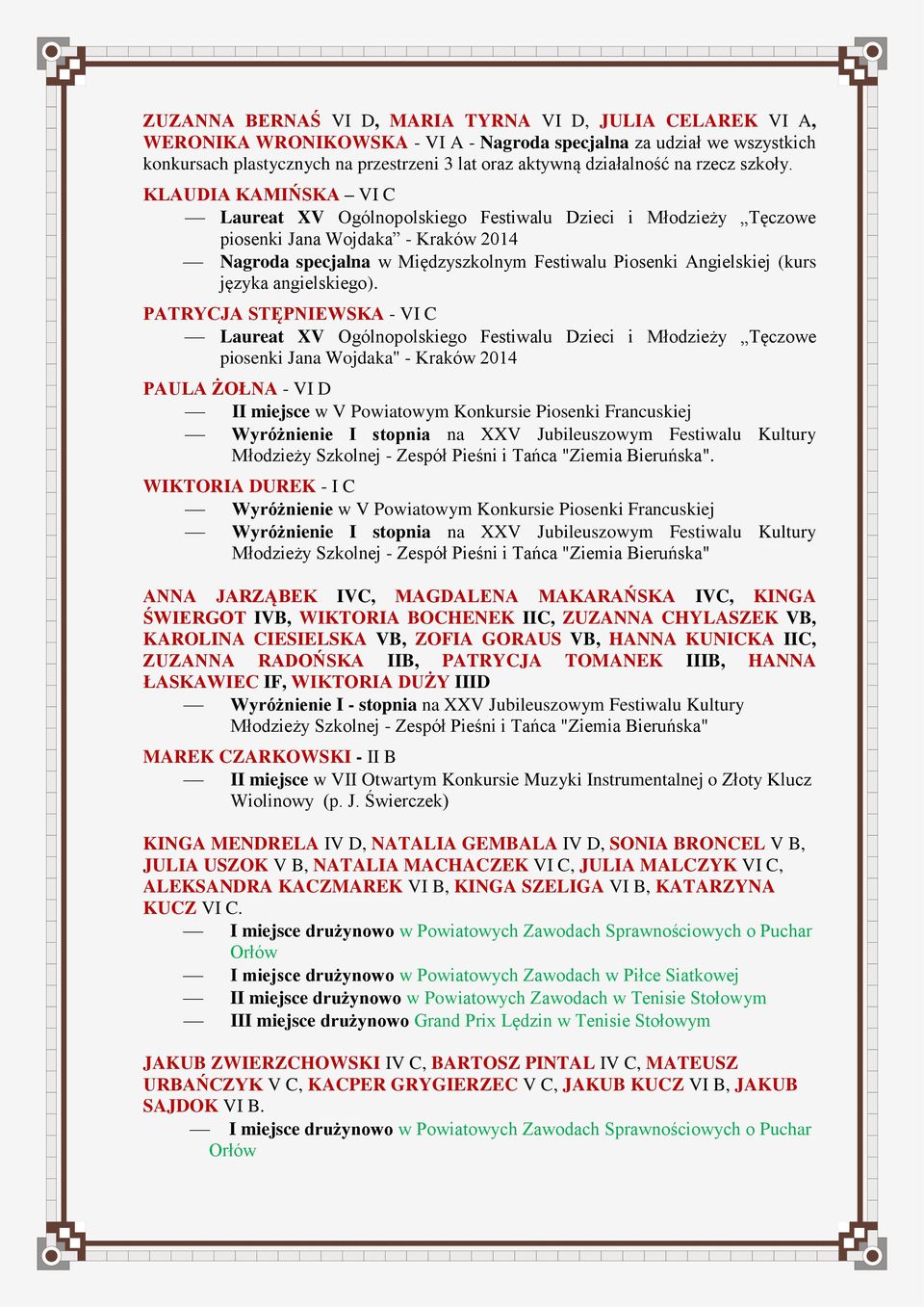 KLAUDIA KAMIŃSKA VI C Laureat XV Ogólnopolskiego Festiwalu Dzieci i Młodzieży Tęczowe piosenki Jana Wojdaka - Kraków 2014 Nagroda specjalna w Międzyszkolnym Festiwalu Piosenki Angielskiej (kurs