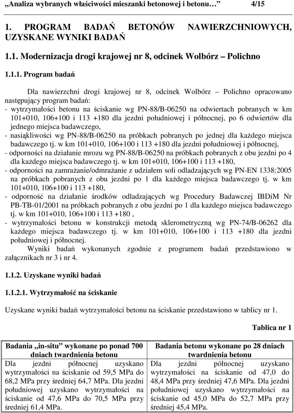 Wolbórz Polichno opracowano następujący program badań: - wytrzymałości betonu na ściskanie wg PN-88/B-06250 na odwiertach pobranych w km 101+010, 106+100 i 113 +180 dla jezdni południowej i