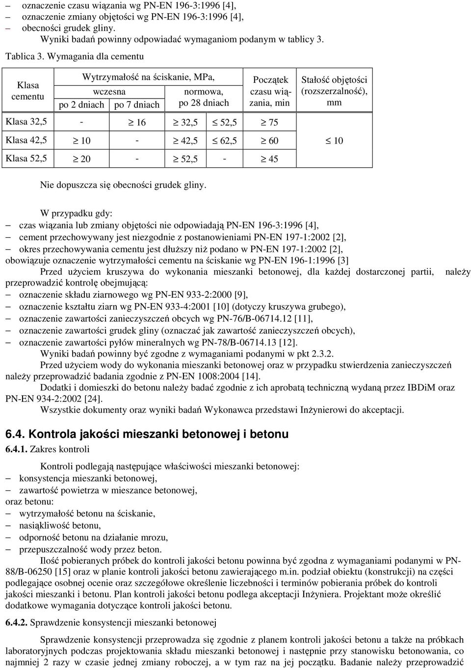 Wymagania dla cementu Klasa cementu Wytrzymałość na ściskanie, MPa, Początek Stałość objętości wczesna normowa, czasu wiązania, min (rozszerzalność), po 2 dniach po 7 dniach po 28 dniach mm Klasa