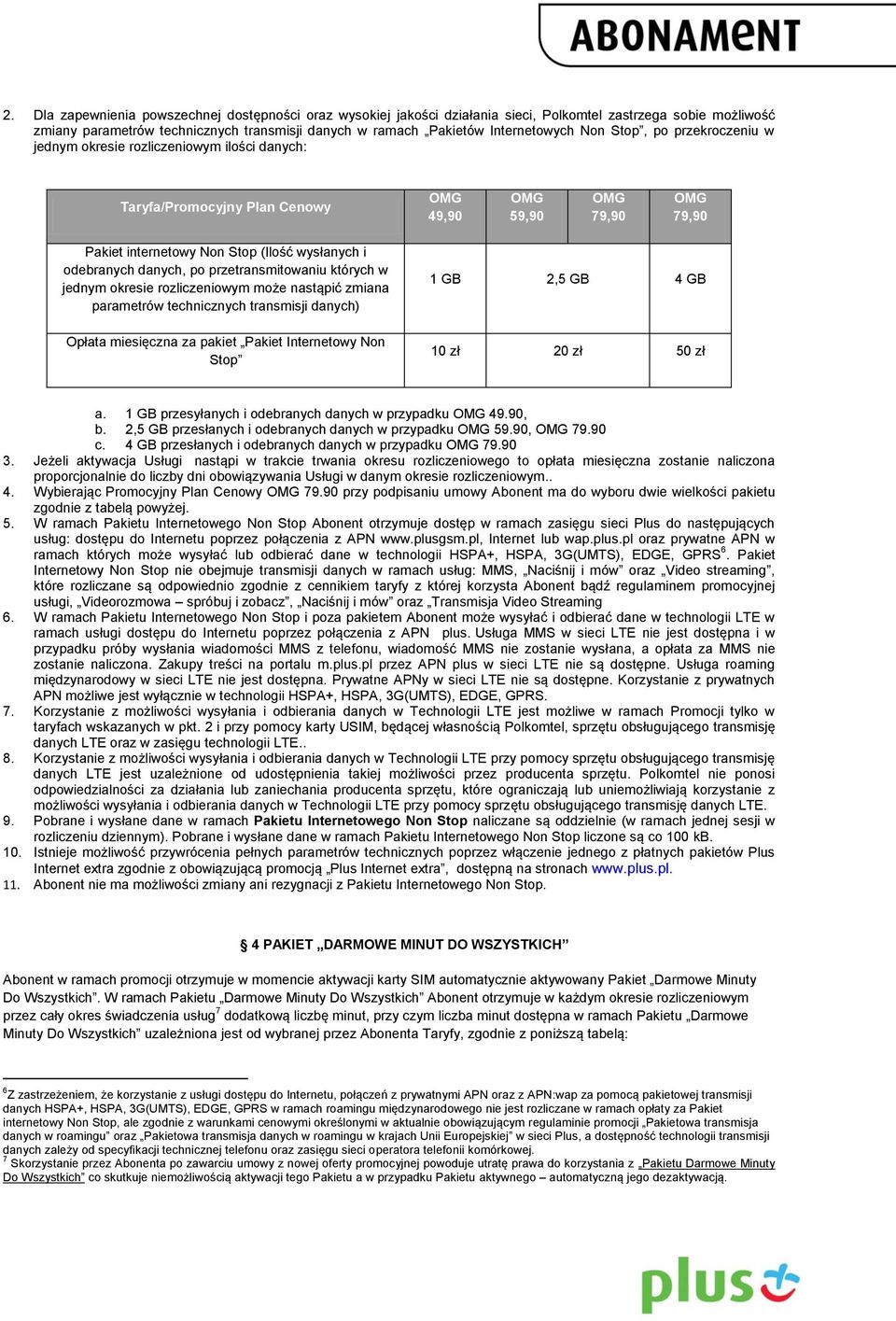 odebranych danych, po przetransmitowaniu których w jednym okresie rozliczeniowym może nastąpić zmiana parametrów technicznych transmisji danych) Opłata miesięczna za pakiet Pakiet Internetowy Non