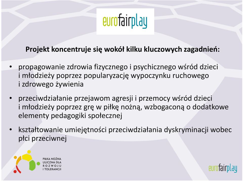 przejawom agresji i przemocy wśród dzieci i młodzieży poprzez grę w piłkę nożną, wzbogaconą o dodatkowe