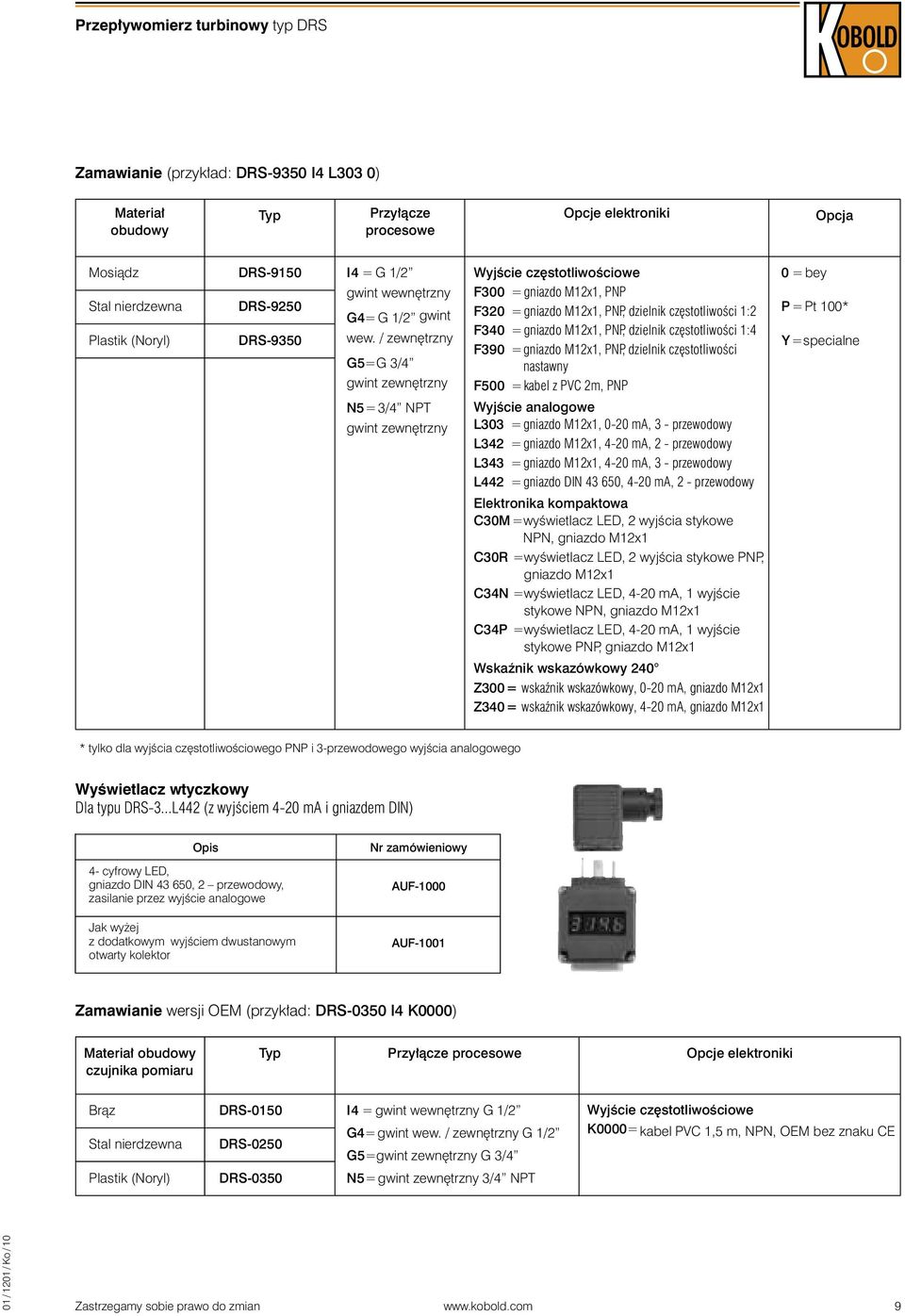 / zewn trzny G5=G 3/4 gwint zewn trzny WyjÊcie cz stotliwoêciowe F300 =gniazdo Mx, PNP F30 =gniazdo Mx, PNP, dzielnik cz stotliwoêci : F340 =gniazdo Mx, PNP, dzielnik cz stotliwoêci :4 F390 =gniazdo