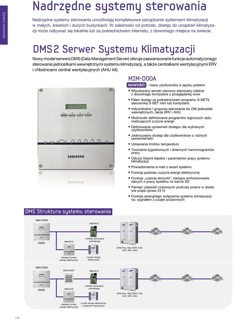 DMS 2 Serwer Systemu Klimatyzacji Nowy model serwera DMS (Data Management Server) oferuje zaawansowane funkcje automatycznego sterowania jednostkami wewnętrznymi systemu klimatyzacji, a także