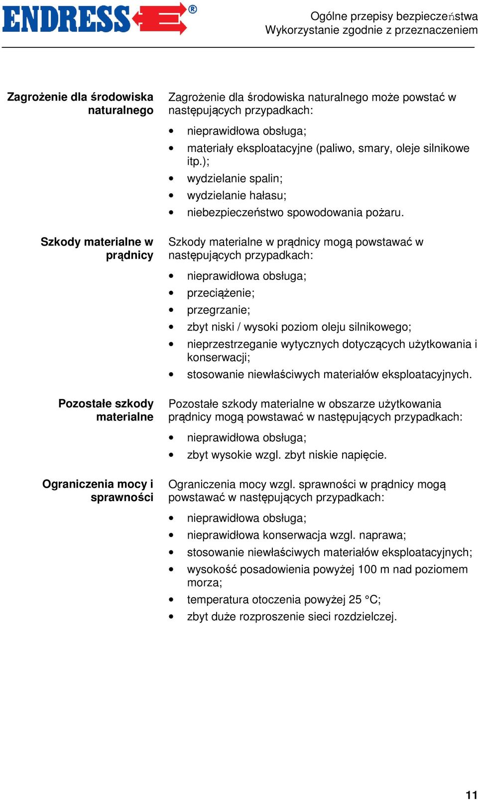 Szkody materialne w prądnicy Szkody materialne w prądnicy mogą powstawać w następujących przypadkach: nieprawidłowa obsługa; przeciążenie; przegrzanie; zbyt niski / wysoki poziom oleju silnikowego;