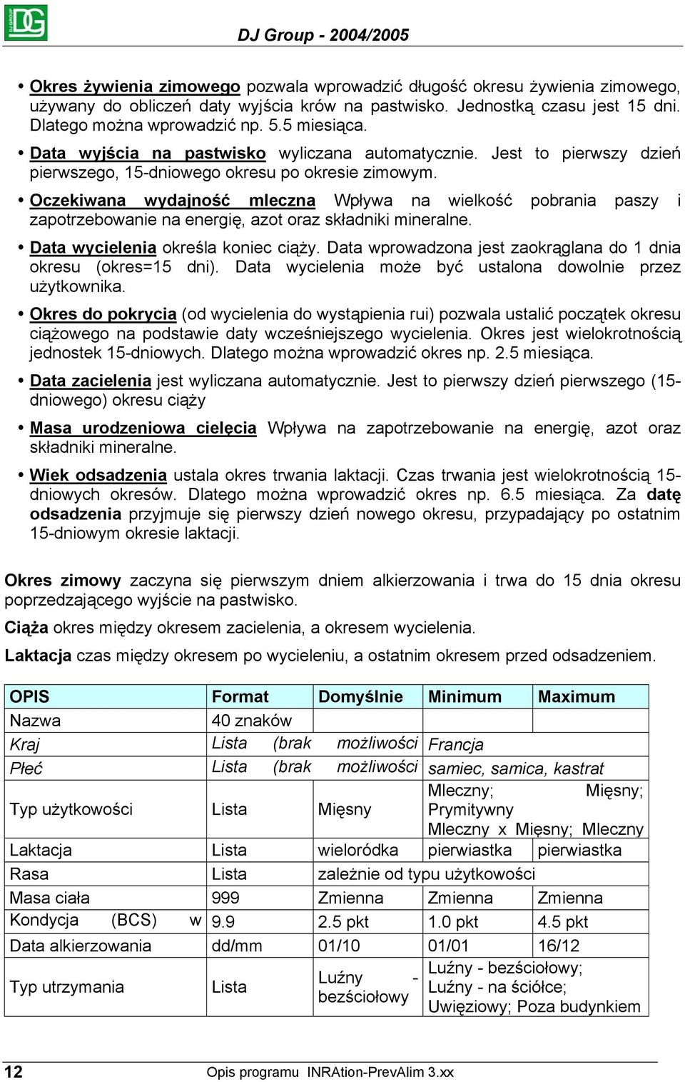Oczekiwana wydajność mleczna Wpływa na wielkość pobrania paszy i zapotrzebowanie na energię, azot oraz składniki mineralne. Data wycielenia określa koniec ciąży.