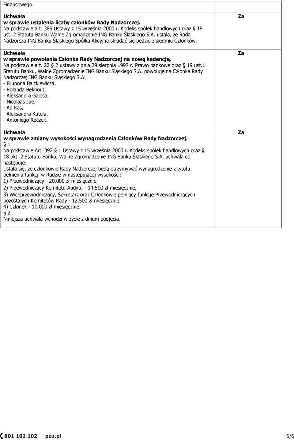 w sprawie powołania Członka Rady Nadzorczej na nową kadencję. Na podstawie art. 22 ustawy z dnia 29 sierpnia 1997 r. Prawo bankowe oraz 9 ust.1 Statutu Banku, Walne Zgromadzenie ING Banku Śląskiego S.