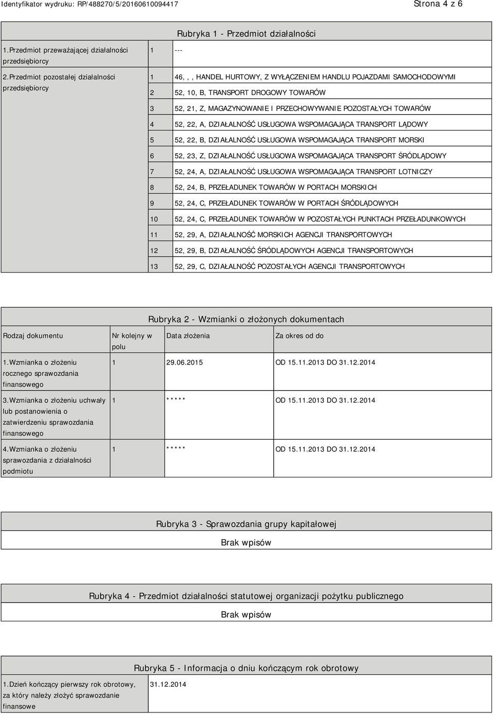 POZOSTAŁYCH TOWARÓW 4 52, 22, A, DZIAŁALNOŚĆ USŁUGOWA WSPOMAGAJĄCA TRANSPORT LĄDOWY 5 52, 22, B, DZIAŁALNOŚĆ USŁUGOWA WSPOMAGAJĄCA TRANSPORT MORSKI 6 52, 23, Z, DZIAŁALNOŚĆ USŁUGOWA WSPOMAGAJĄCA