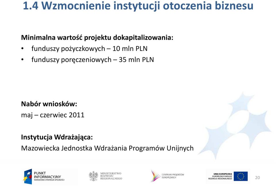 funduszy poręczeniowych 35 mln PLN Nabór wniosków: maj czerwiec