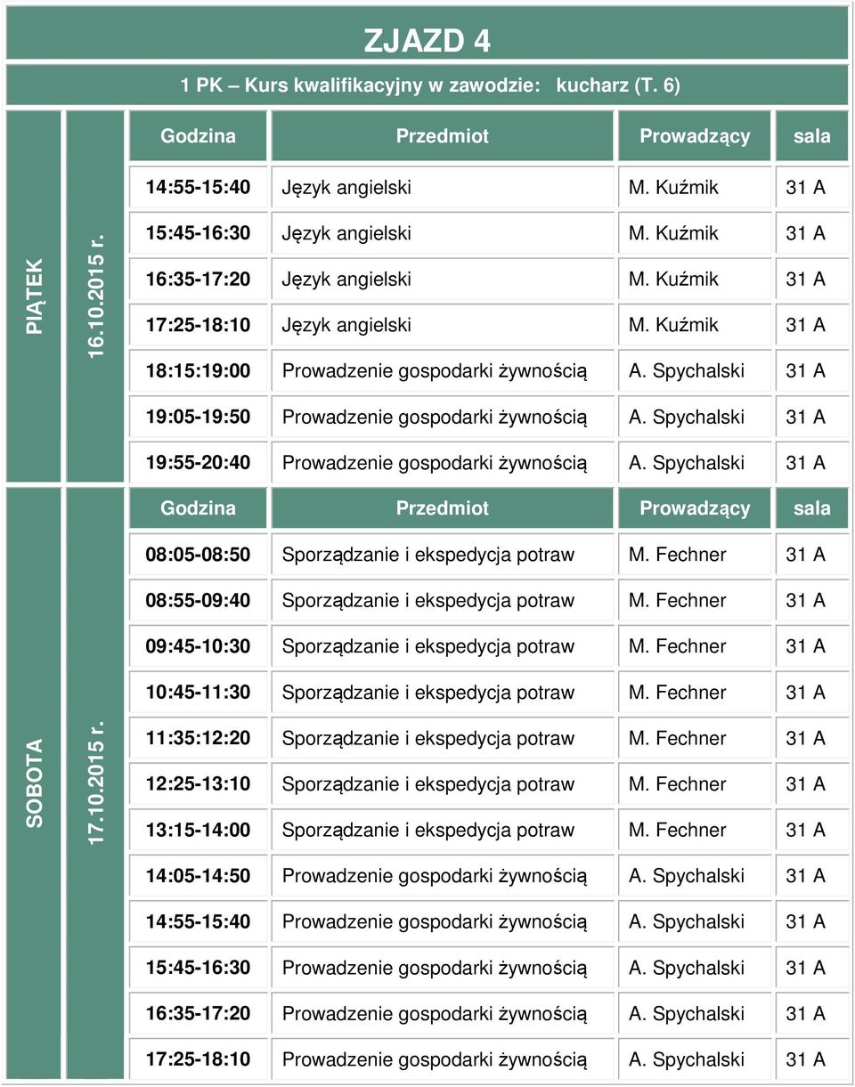 Spychalski 31 A 08:05-08:50 Sporządzanie i ekspedycja potraw M. Fechner 31 A 08:55-09:40 Sporządzanie i ekspedycja potraw M. Fechner 31 A 09:45-10:30 Sporządzanie i ekspedycja potraw M.